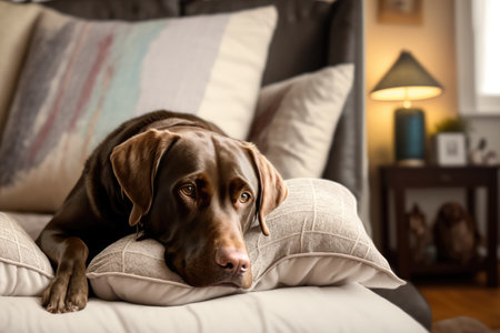 Portrait of cute brown dog on bed, created using generative ai technology. Animal, dog and pet concept digitally generated image.の素材