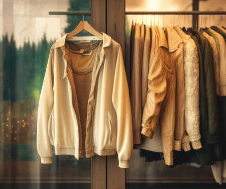Sweatshirts hanging on hanging rail at window in shop, created using generative ai technology. Clothes, fashion and textile concept.の素材