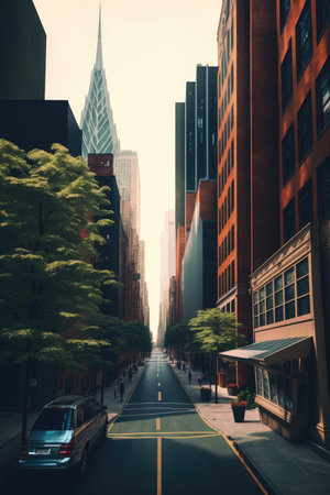 Urban street in city with modern buildings and trees, created using generative ai technology. Urban architecture and cityscape concept digitally generated image.の素材