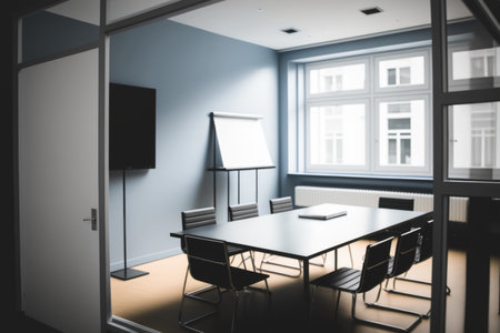 Interior of meeting room with window, table and chairs, created using generative ai technology. Business and meeting room concept digitally generated image.の素材