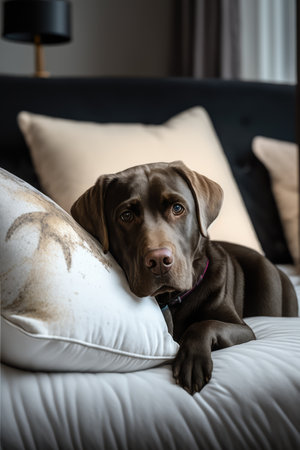 Portrait of cute brown dog on bed, created using generative ai technology. Animal, dog and pet concept digitally generated image.の素材
