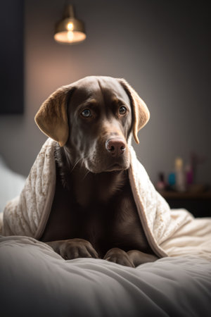 Portrait of cute brown dog on bed, created using generative ai technology. Animal, dog and pet concept digitally generated image.の素材