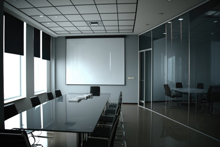 Empty conference room with table over white board in office, created using generative ai technology. Business, finances and office concept.の素材