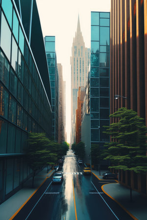 Urban street in city with modern buildings and trees, created using generative ai technology. Urban architecture and cityscape concept digitally generated image.の素材