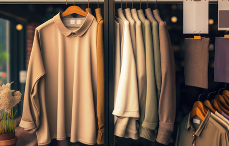 Sweatshirts hanging on hanging rail at window in shop, created using generative ai technology. Clothes, fashion and textile concept.の素材