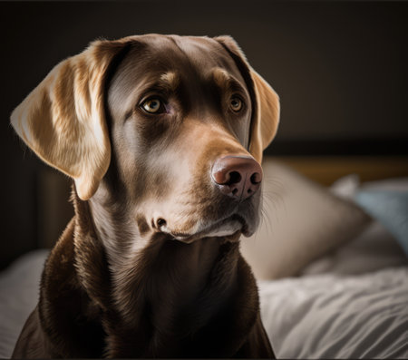Portrait of cute brown dog on bed, created using generative ai technology. Animal, dog and pet concept digitally generated image.の素材