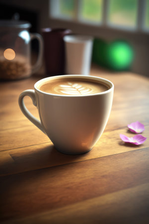 White cup with latte coffee and petals on wooden table, created using generative ai technology. Coffee and drink concept digitally generated image.の素材