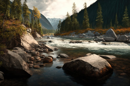 Beautiful landscape of river creek with rocks and mountains, created using generative ai technology. Nature, harmony and landscape concept digitally generated image.の素材