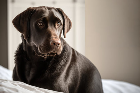 Portrait of cute brown dog on bed, created using generative ai technology. Animal, dog and pet concept digitally generated image.の素材