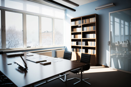 Interior of meeting room with window, table and chairs, created using generative ai technology. Business and meeting room concept digitally generated image.の素材