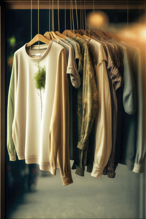 Sweatshirts with nature patterns on hanging rail in shop, created using generative ai technology. Clothes, fashion and textile concept.の素材