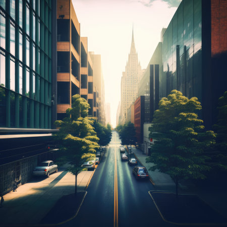 Urban street in city with modern buildings and trees, created using generative ai technology. Urban architecture and cityscape concept digitally generated image.の素材