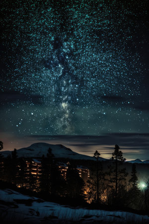Starry skies over mountains landscape at night, created using generative ai technology. Astrology, space and galaxy concept digitally generated image.の素材