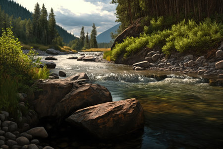Beautiful landscape of river creek with rocks and mountains, created using generative ai technology. Nature, harmony and landscape concept digitally generated image.の素材