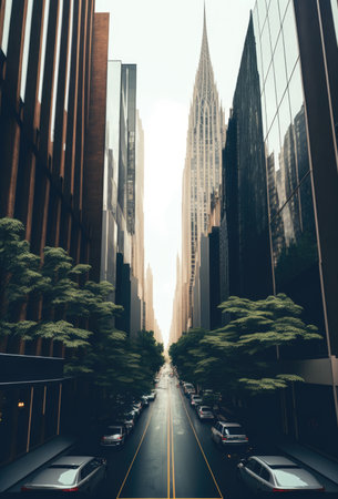 Urban street in city with modern buildings and trees, created using generative ai technology. Urban architecture and cityscape concept digitally generated image.の素材