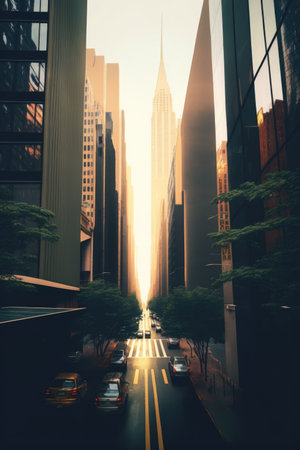 Urban street in city with modern buildings and trees, created using generative ai technology. Urban architecture and cityscape concept digitally generated image.