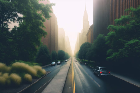 Misty urban street in city with modern buildings and trees, created using generative ai technology. Urban architecture and cityscape concept digitally generated image.の素材