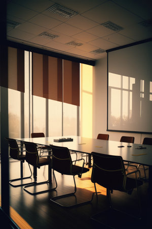 Empty conference room with table over white board in office, created using generative ai technology. Business, finances and office concept.の素材