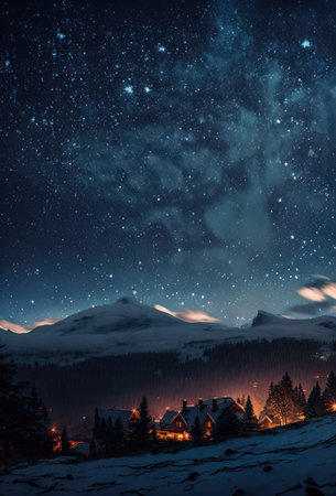 Starry skies over mountains landscape at night, created using generative ai technology. Astrology, space and galaxy concept digitally generated image.の素材