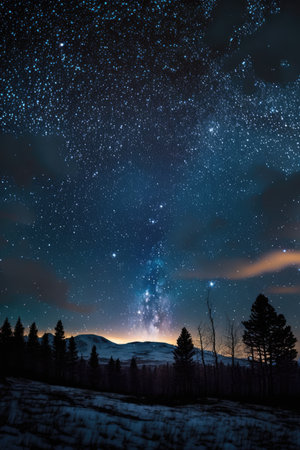 Starry skies with milky way and mountains landscape at night, created using generative ai technology. Astrology, space and galaxy concept digitally generated image.の素材