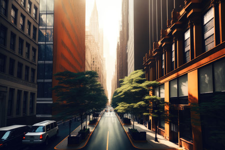 Urban street in city with modern buildings and trees, created using generative ai technology. Urban architecture and cityscape concept digitally generated image.の素材