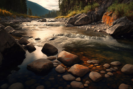 Beautiful landscape of river creek with rocks and mountains, created using generative ai technology. Nature, harmony and landscape concept digitally generated image.の素材