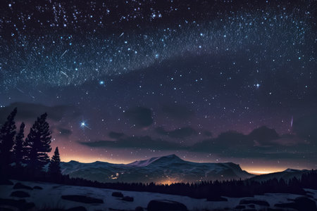Starry skies over mountains landscape at night, created using generative ai technology. Astrology, space and galaxy concept digitally generated image.の素材