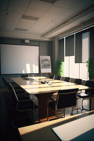 Empty conference room with table over board in office, created using generative ai technology. Business, finances and office concept.の素材