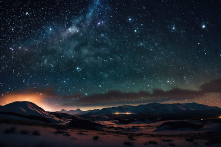 Starry skies over mountains landscape at night, created using generative ai technology. Astrology, space and galaxy concept digitally generated image.の素材