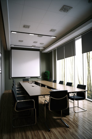 Empty conference room with table over white board in office, created using generative ai technology. Business, finances and office concept.の素材