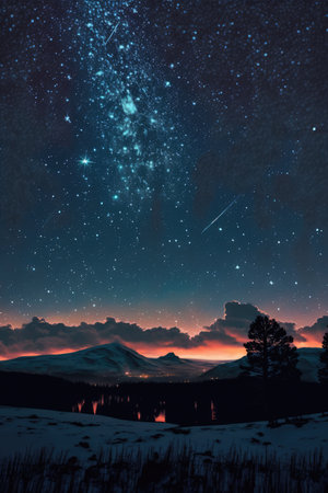 Starry skies over mountains landscape at night, created using generative ai technology. Astrology, space and galaxy concept digitally generated image.の素材