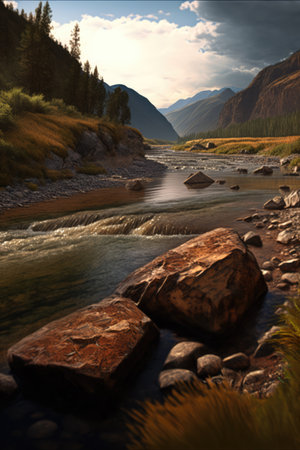 Beautiful landscape of river creek with rocks and mountains, created using generative ai technology. Nature, harmony and landscape concept digitally generated image.の素材