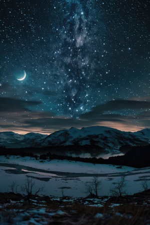 Starry skies and moon over mountains landscape at night, created using generative ai technology. Astrology, space and galaxy concept digitally generated image.の素材
