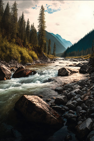 Beautiful landscape of river creek with rocks and mountains, created using generative ai technology. Nature, harmony and landscape concept digitally generated image.の素材