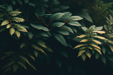 Different green plants leaves on black background created using generative ai technology. Tropical foliage, nature and background concept digitally generated image.の素材