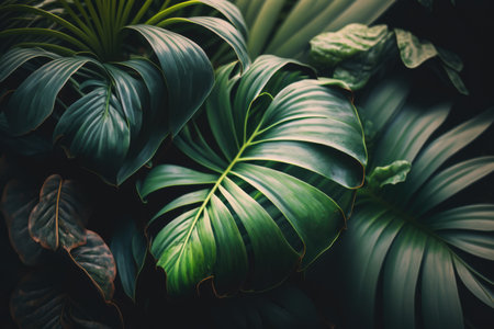 Close up of green leaves on black background created using generative ai technology. Tropical plants, leaves and nature concept digitally generated image.の素材