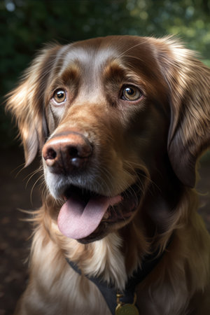 Close up of brown dog sticking tongue out in forest created using generative ai technology. Animals, dog and pet concept digitally generated image.の素材