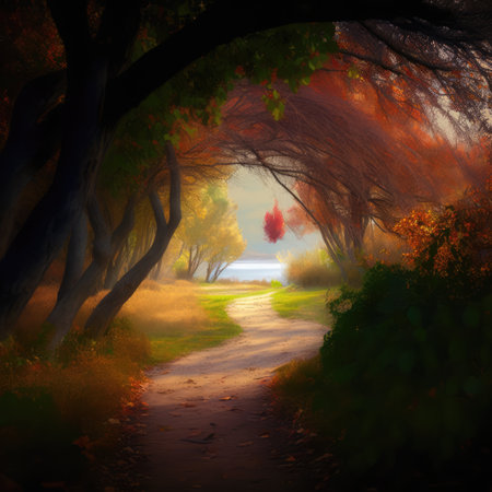 Forest scenery with trees, lake and pathway created using generative ai technology. Autumn, landscape and nature concept digitally generated image.の素材