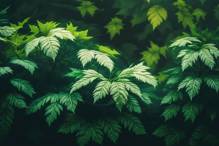Different green plants leaves on black background created using generative ai technology. Tropical foliage, nature and background concept digitally generated image.の素材