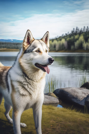 Husky dog sticking tongue out by the lake and forest created using generative ai technology. Animals, dog and pet concept digitally generated image.の素材