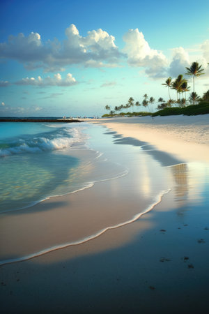 Beach and sea with palm trees and sky with clouds created using generative ai technology. Vacation, beach, nature and landscape concept digitally generated image.の素材