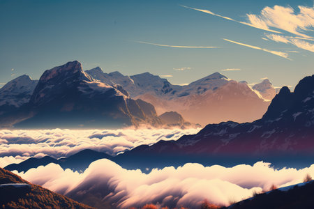 Scenery with mountains, cloud and sky created using generative ai technology. Landscape and nature concept digitally generated image.の素材