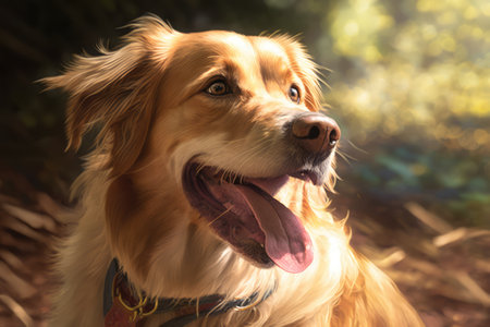 Close up of beige dog sticking tongue out in forest created using generative ai technology. Animals, dog and pet concept digitally generated image.の素材
