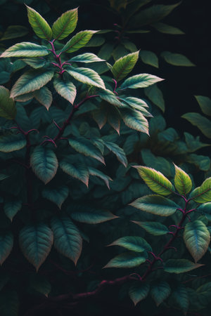 Close up of green plants leaves on black background created using generative ai technology. Tropical foliage, nature and background concept digitally generated image.の素材