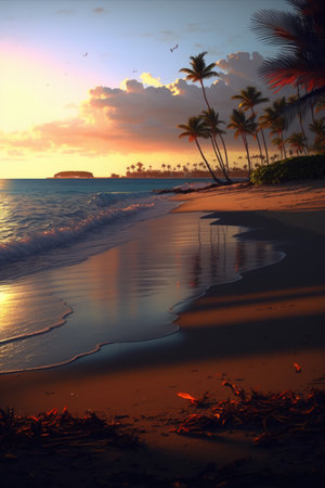 Sunset at beach and sea with palm trees and sky with clouds created using generative ai technology. Vacation, beach, nature and landscape concept digitally generated image.の素材