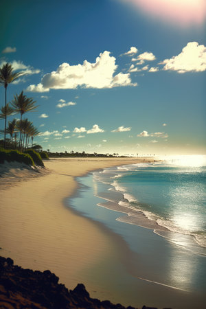 Beach and sea with palm trees and sky with clouds created using generative ai technology. Vacation, beach, nature and landscape concept digitally generated image.の素材