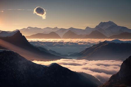 Scenery with mountains, cloud and sky created using generative ai technology. Landscape and nature concept digitally generated image.の素材