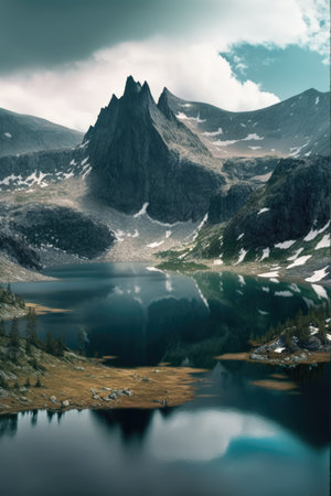 Scenery with mountains, river and sky with clouds created using generative ai technology. Landscape and nature concept digitally generated image.の素材