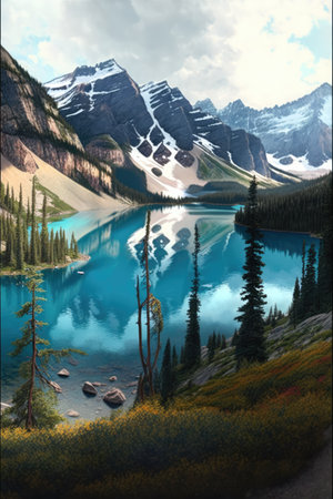 Landscape with mountains, forest and lake created using generative ai technology. Landscape and nature concept digitally generated image.の素材