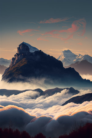 Scenery with mountains, cloud and sky created using generative ai technology. Landscape and nature concept digitally generated image.の素材